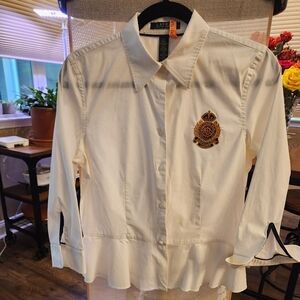 Ralph Lauren White Button Up Shirt with Embroidered Crest - A1